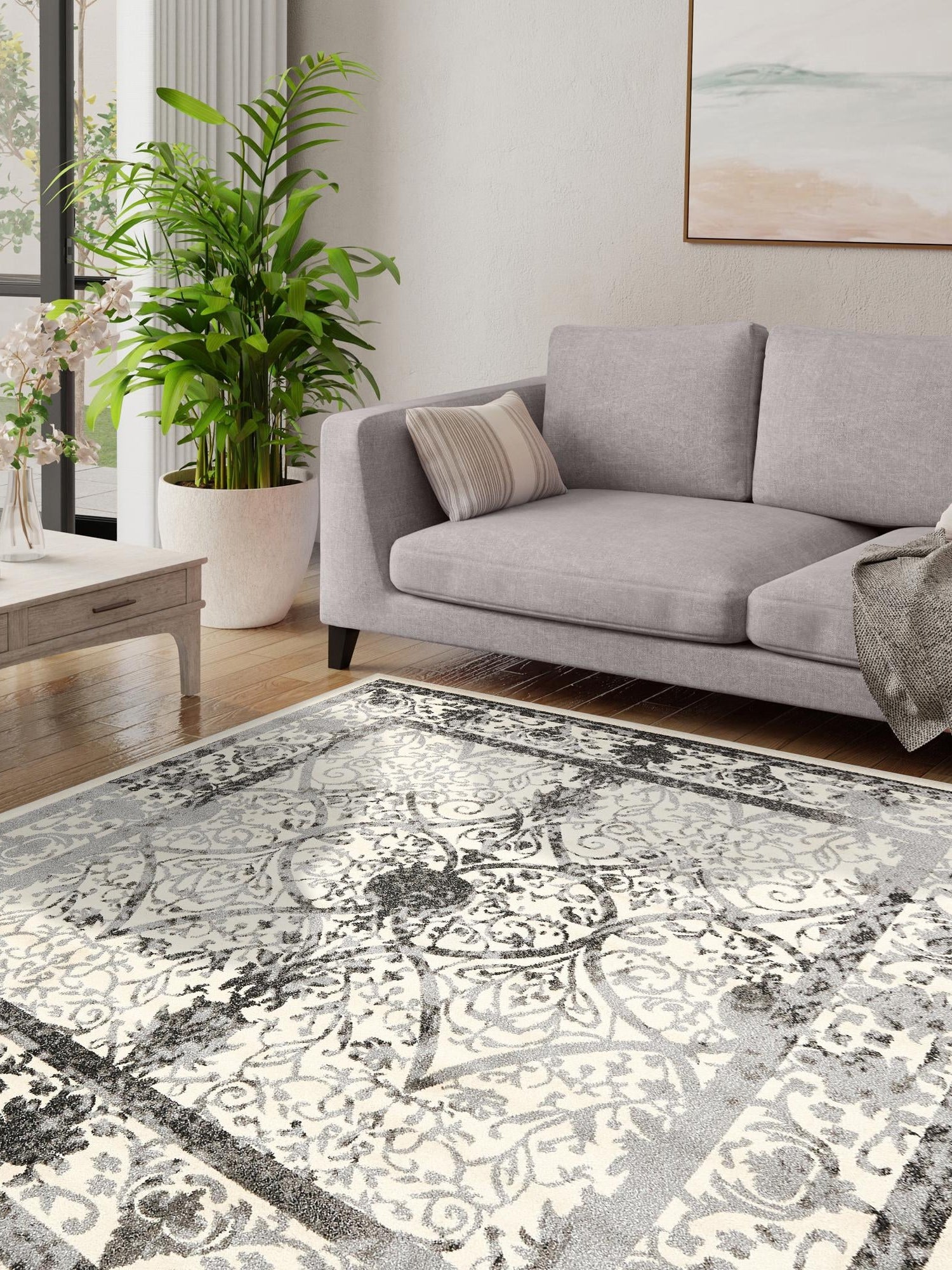 Ivory and Gray 10' x 10' La Jolla Square Area Rug 100% Polypropylene Traditional Pattern Easy Clean Carpet for Living, Dining, Bedroom, Office for Sale at Rug Engine