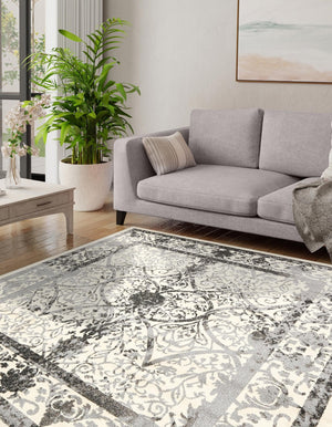 Ivory and Gray 7' 10 x 7' 10 La Jolla Square Area Rug 100% Polypropylene Traditional Pattern Easy Clean Carpet for Living, Dining, Bedroom, Office for Sale at Rug Engine