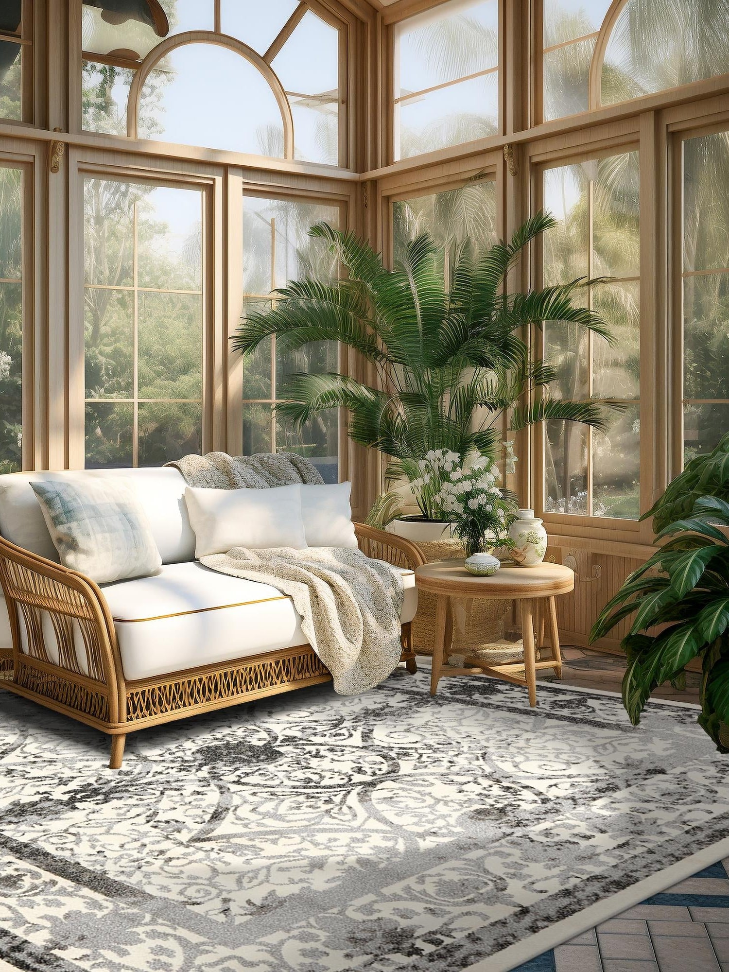 Ivory and Gray 10' x 10' La Jolla Square Area Rug 100% Polypropylene Traditional Pattern Easy Clean Carpet for Living, Dining, Bedroom, Office for Sale at Rug Engine
