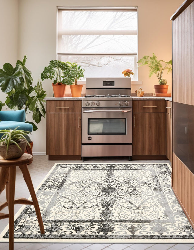 Ivory and Gray 7' 10 x 7' 10 La Jolla Square Area Rug 100% Polypropylene Traditional Pattern Easy Clean Carpet for Living, Dining, Bedroom, Office for Sale at Rug Engine