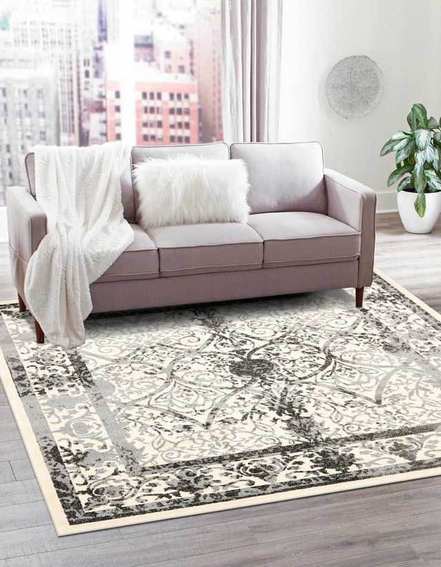 Ivory and Gray 6' 1 x 6' 1 La Jolla Square Area Rug 100% Polypropylene Traditional Pattern Easy Clean Carpet for Living, Dining, Bedroom, Office for Sale at Rug Engine