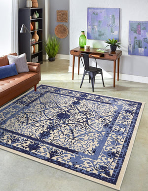 Ivory and Blue 10' x 10' La Jolla Square Area Rug 100% Polypropylene Traditional Pattern Easy Clean Carpet for Living, Dining, Bedroom, Office for Sale at Rug Engine