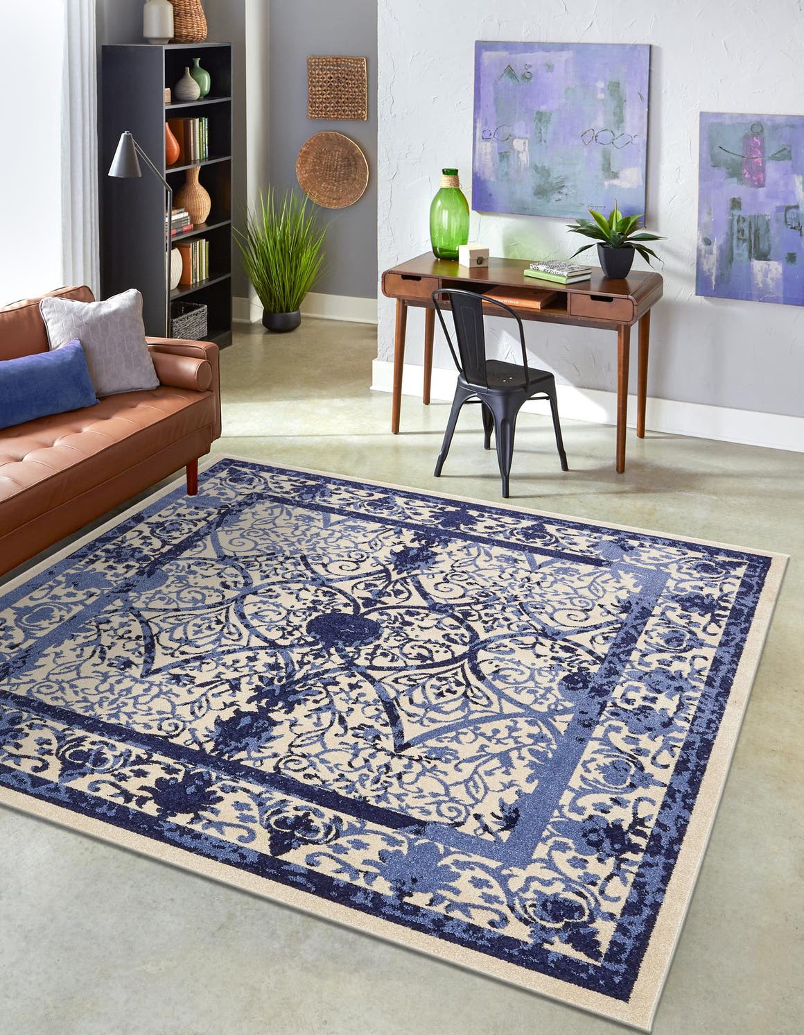 Ivory and Blue 6' 1 x 6' 1 La Jolla Square Area Rug 100% Polypropylene Traditional Pattern Easy Clean Carpet for Living, Dining, Bedroom, Office for Sale at Rug Engine