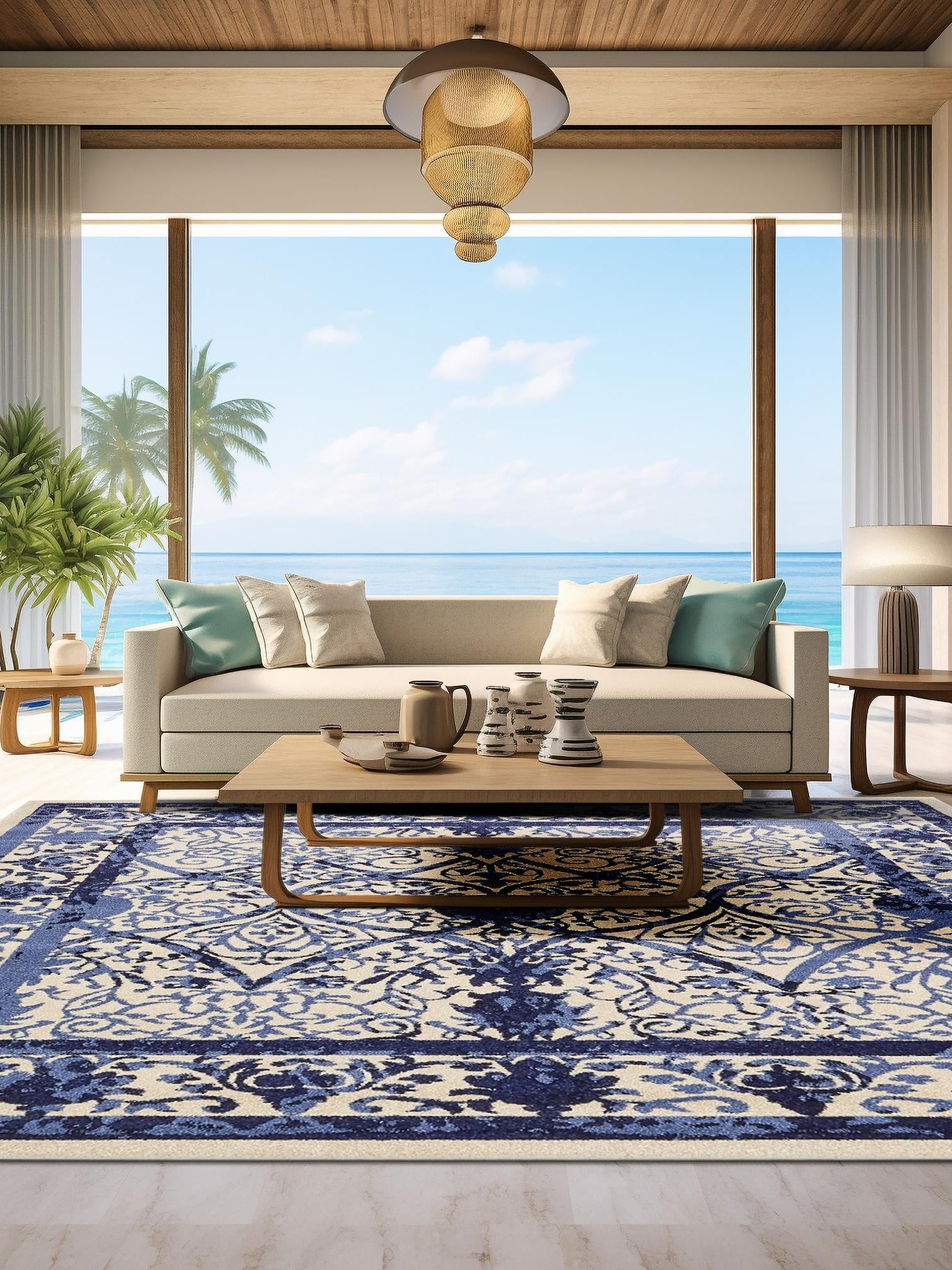Ivory and Blue 10' x 10' La Jolla Square Area Rug 100% Polypropylene Traditional Pattern Easy Clean Carpet for Living, Dining, Bedroom, Office for Sale at Rug Engine