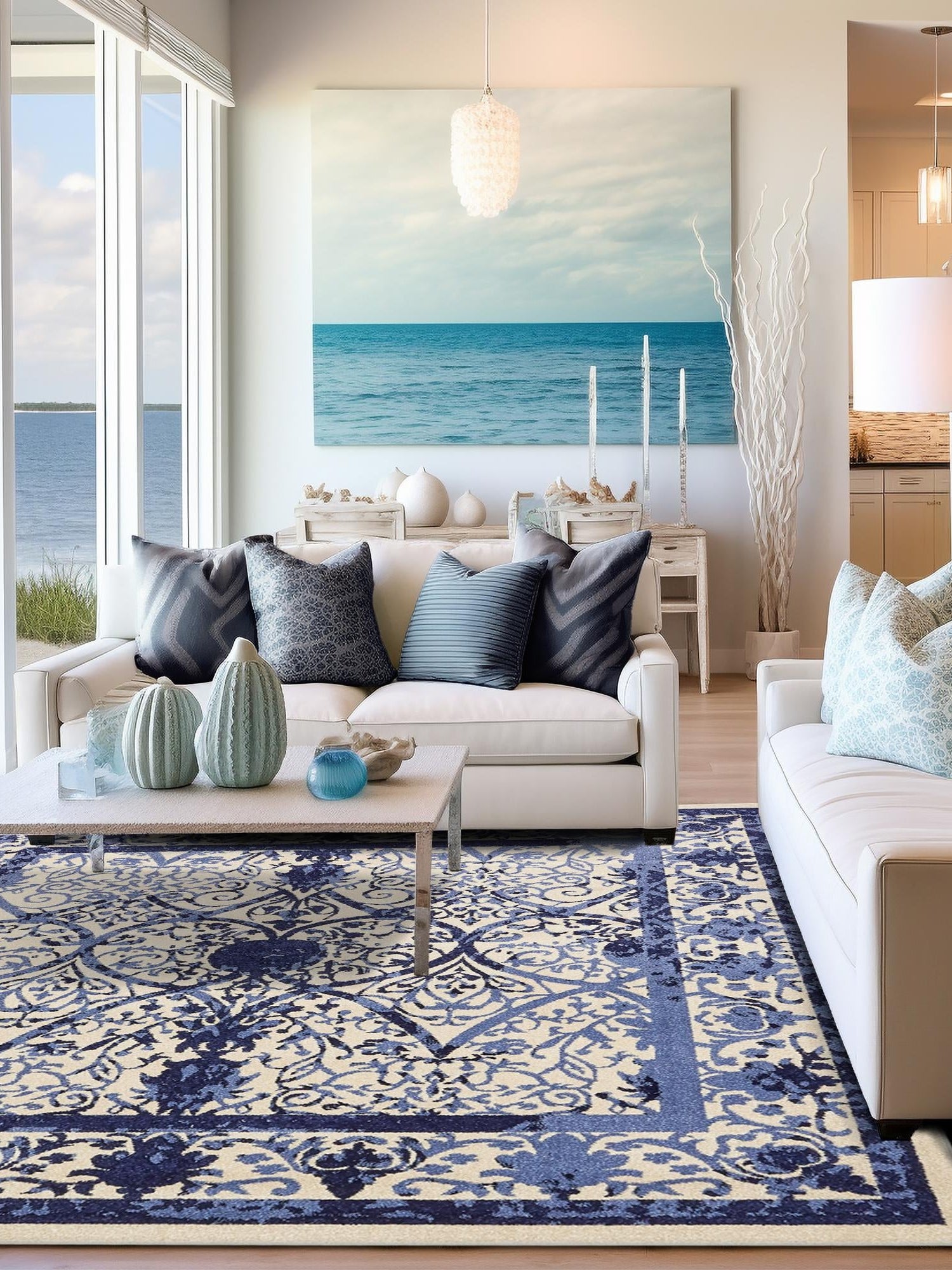 Ivory and Blue 7' 10 x 7' 10 La Jolla Square Area Rug 100% Polypropylene Traditional Pattern Easy Clean Carpet for Living, Dining, Bedroom, Office for Sale at Rug Engine