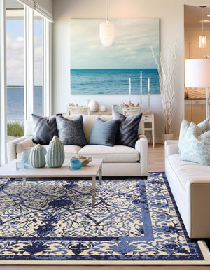 Ivory and Blue 10' x 10' La Jolla Square Area Rug 100% Polypropylene Traditional Pattern Easy Clean Carpet for Living, Dining, Bedroom, Office for Sale at Rug Engine