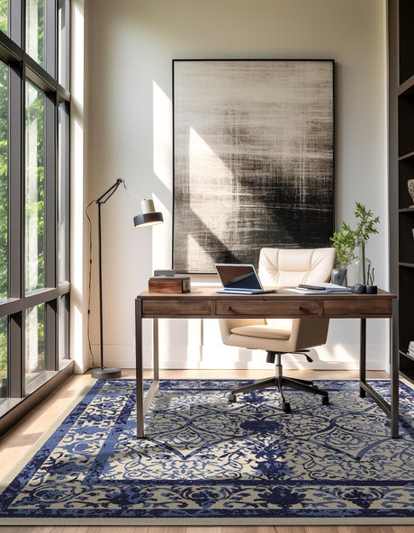 Ivory and Blue 6' 1 x 6' 1 La Jolla Square Area Rug 100% Polypropylene Traditional Pattern Easy Clean Carpet for Living, Dining, Bedroom, Office for Sale at Rug Engine