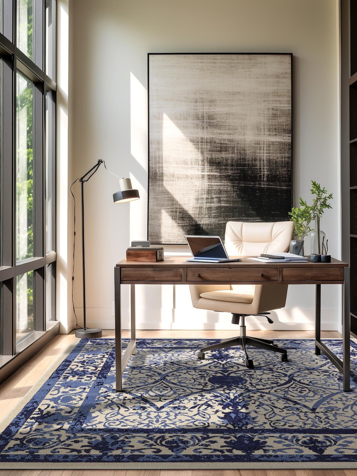 Ivory and Blue 10' x 10' La Jolla Square Area Rug 100% Polypropylene Traditional Pattern Easy Clean Carpet for Living, Dining, Bedroom, Office for Sale at Rug Engine