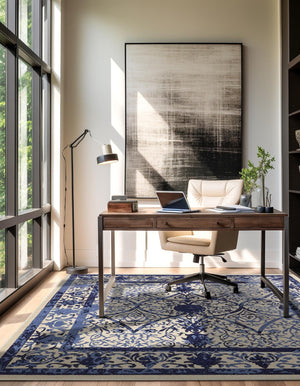 Ivory and Blue 10' x 10' La Jolla Square Area Rug 100% Polypropylene Traditional Pattern Easy Clean Carpet for Living, Dining, Bedroom, Office for Sale at Rug Engine