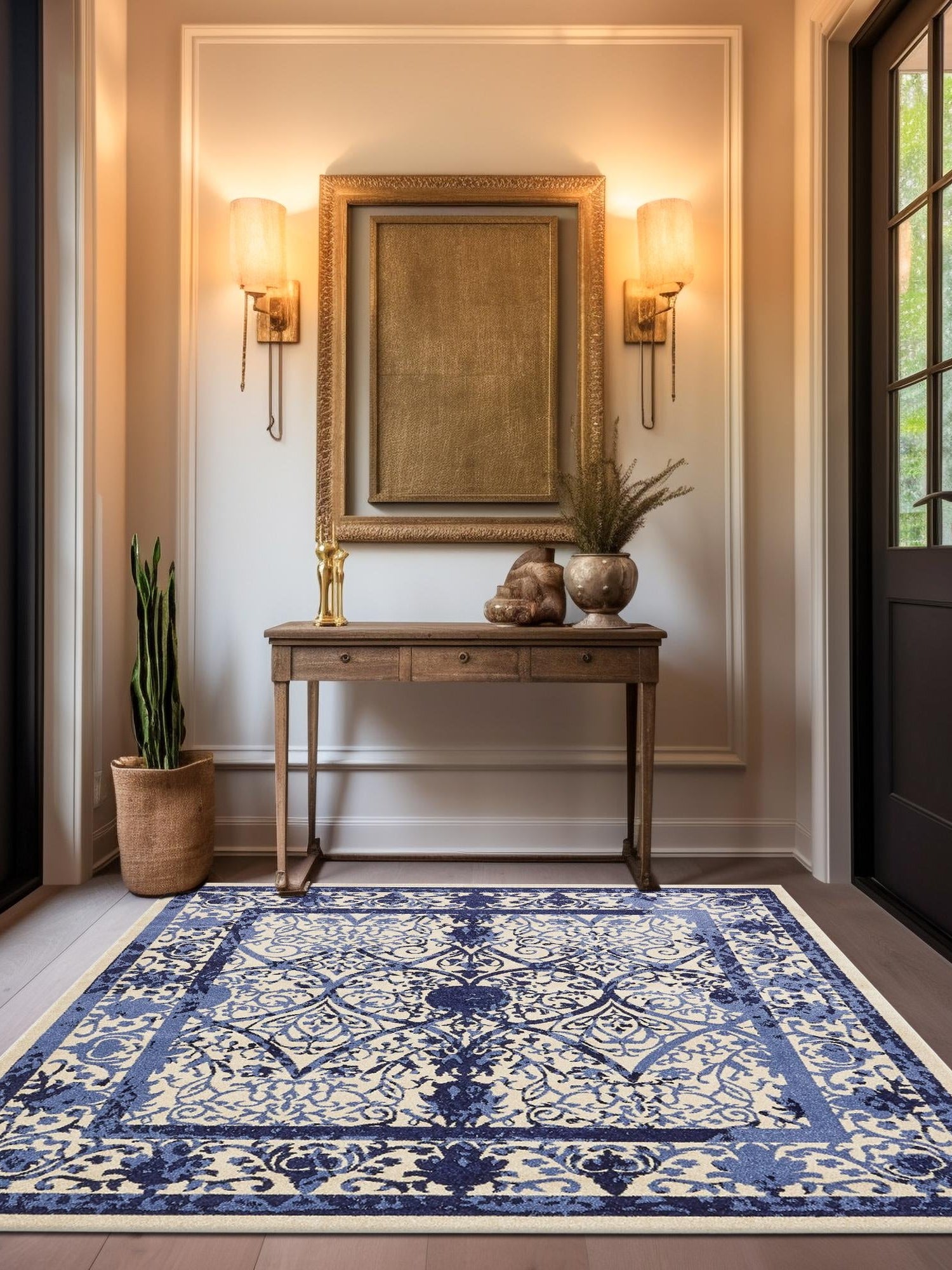Ivory and Blue 10' x 10' La Jolla Square Area Rug 100% Polypropylene Traditional Pattern Easy Clean Carpet for Living, Dining, Bedroom, Office for Sale at Rug Engine