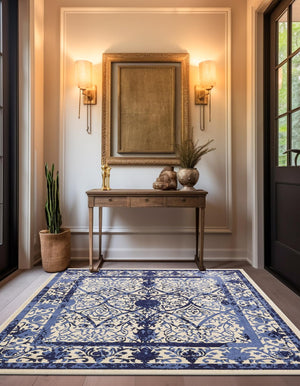Ivory and Blue 10' x 10' La Jolla Square Area Rug 100% Polypropylene Traditional Pattern Easy Clean Carpet for Living, Dining, Bedroom, Office for Sale at Rug Engine