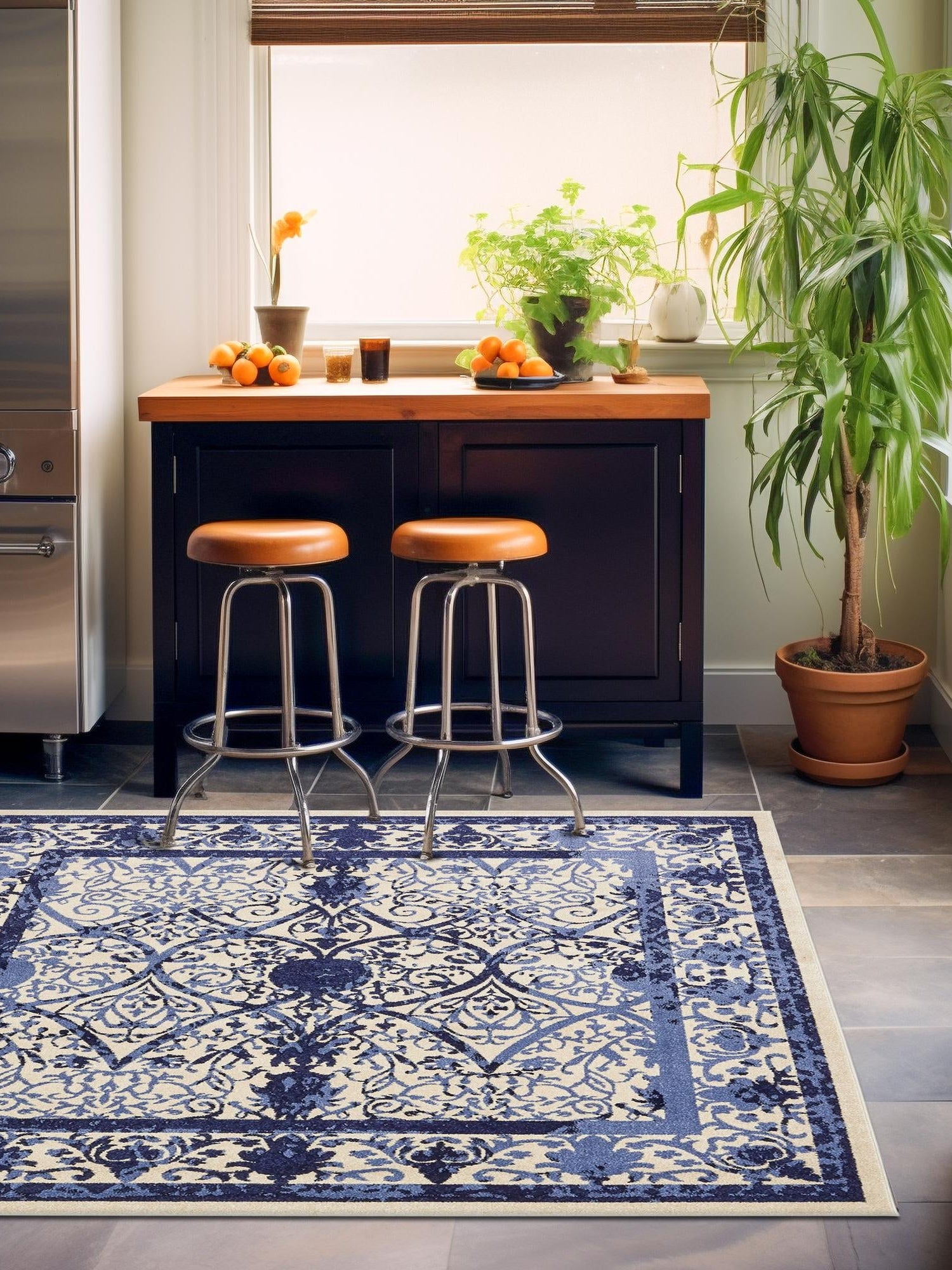 Ivory and Blue 7' 10 x 7' 10 La Jolla Square Area Rug 100% Polypropylene Traditional Pattern Easy Clean Carpet for Living, Dining, Bedroom, Office for Sale at Rug Engine