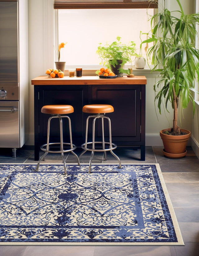 Ivory and Blue 10' x 10' La Jolla Square Area Rug 100% Polypropylene Traditional Pattern Easy Clean Carpet for Living, Dining, Bedroom, Office for Sale at Rug Engine