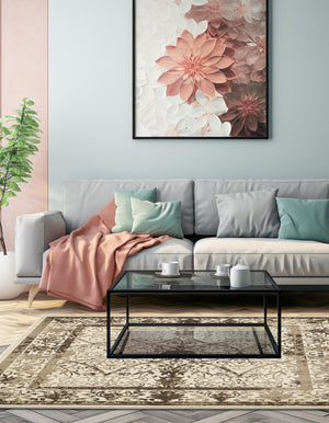 Beige 7' 10 x 7' 10 La Jolla Square Area Rug 100% Polypropylene Traditional Pattern Easy Clean Carpet for Living, Dining, Bedroom, Office for Sale at Rug Engine