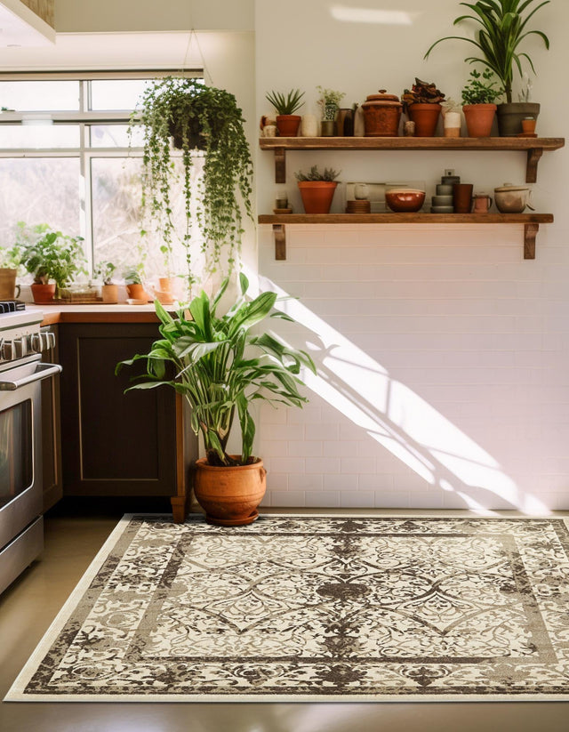 Beige 7' 10 x 7' 10 La Jolla Square Area Rug 100% Polypropylene Traditional Pattern Easy Clean Carpet for Living, Dining, Bedroom, Office for Sale at Rug Engine