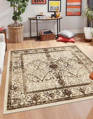 Beige 7' 10 x 7' 10 La Jolla Square Area Rug 100% Polypropylene Traditional Pattern Easy Clean Carpet for Living, Dining, Bedroom, Office for Sale at Rug Engine