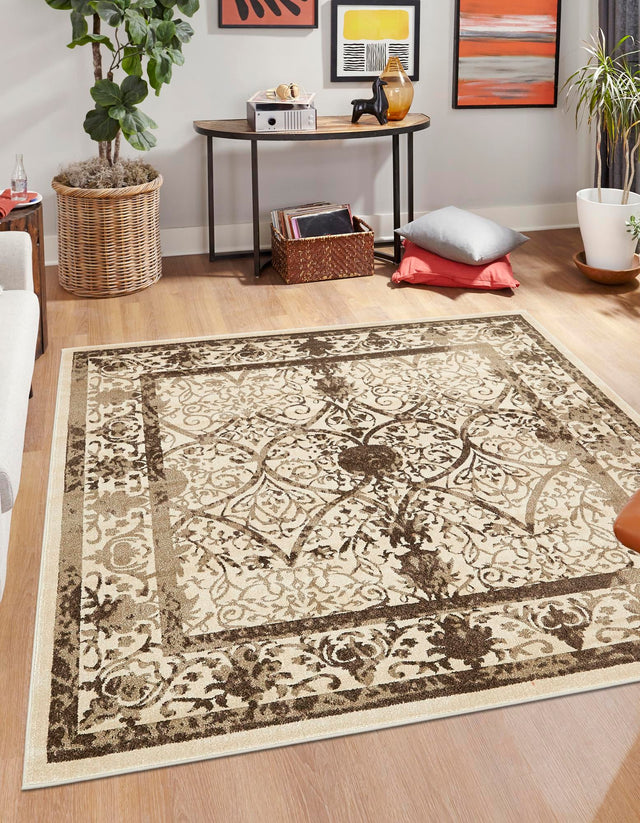 Beige 7' 10 x 7' 10 La Jolla Square Area Rug 100% Polypropylene Traditional Pattern Easy Clean Carpet for Living, Dining, Bedroom, Office for Sale at Rug Engine