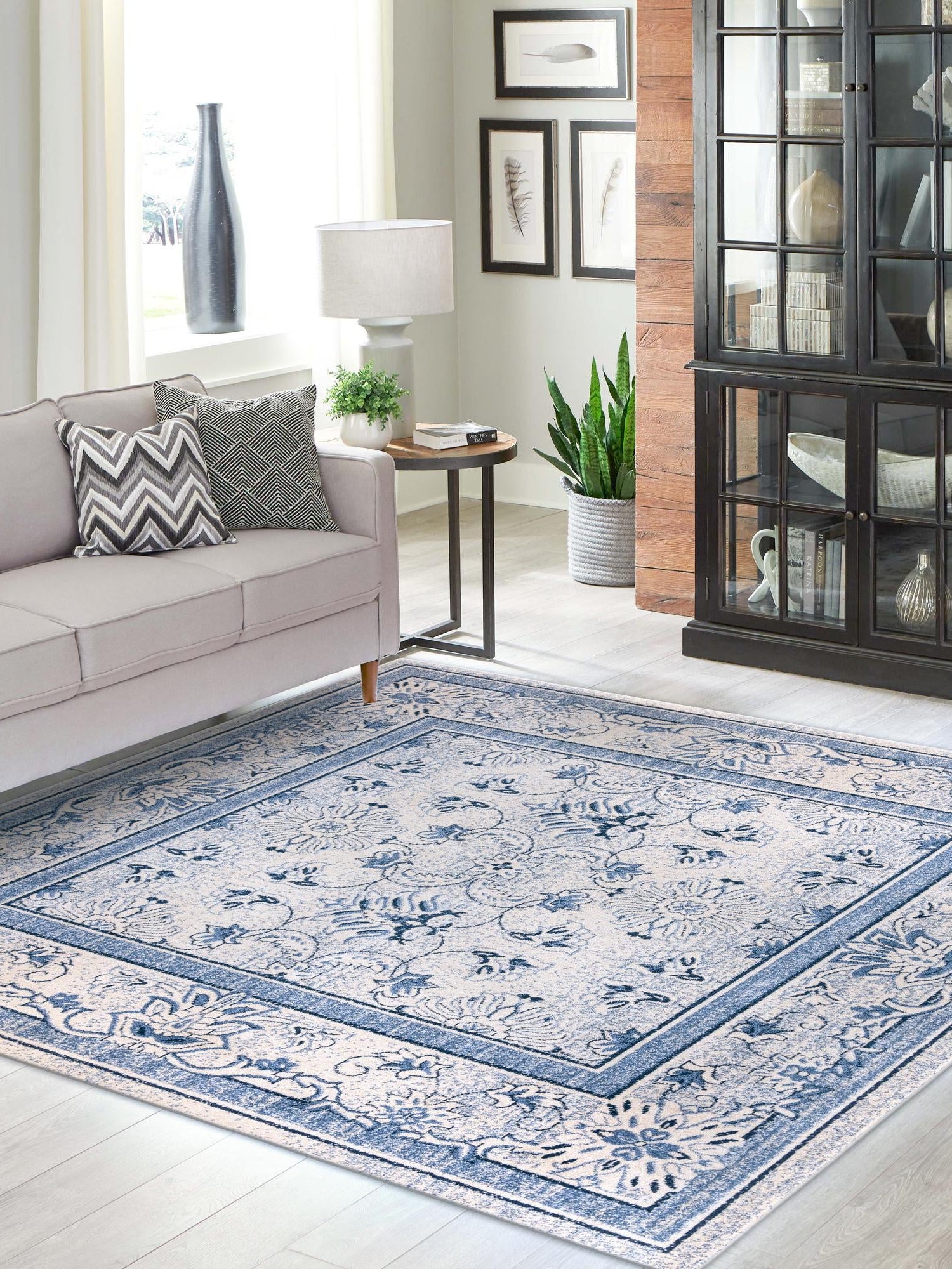 Ivory Blue 10' x 10' La Jolla Square Area Rug 100% Polypropylene Traditional Pattern Easy Clean Carpet for Living, Dining, Bedroom, Office for Sale at Rug Engine