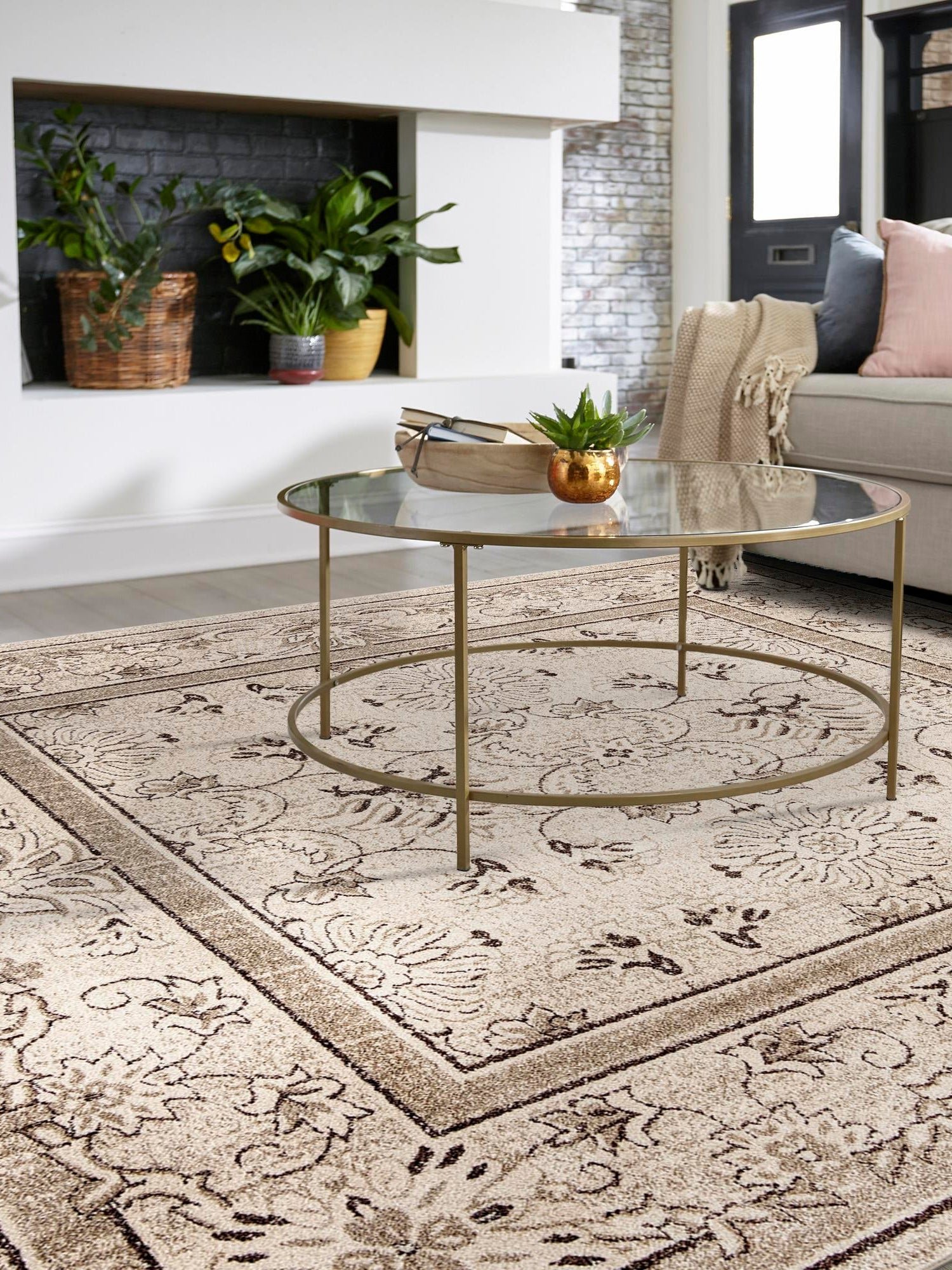 Ivory 10' x 10' La Jolla Square Area Rug 100% Polypropylene Traditional Pattern Easy Clean Carpet for Living, Dining, Bedroom, Office for Sale at Rug Engine