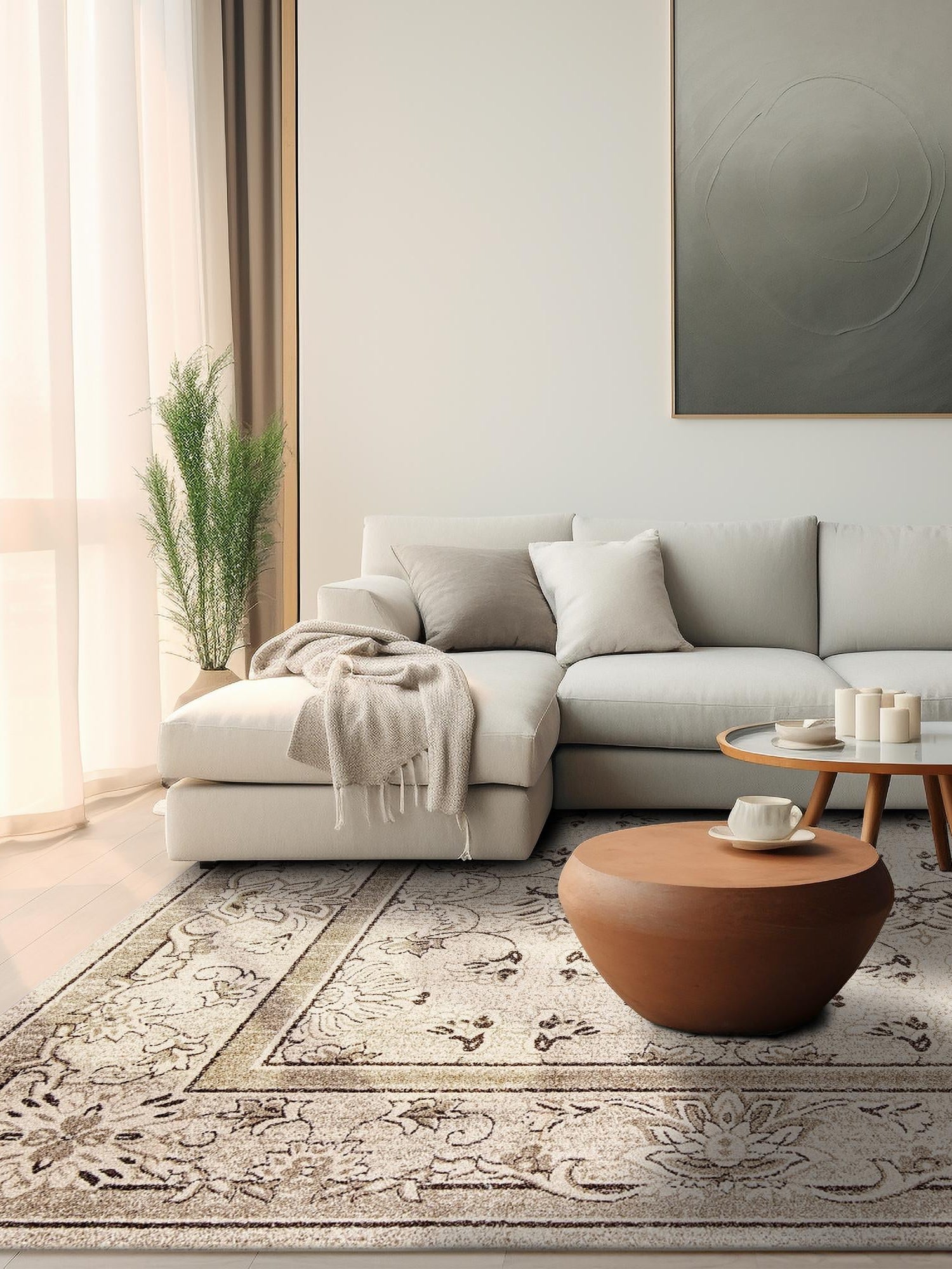 Ivory 10' x 10' La Jolla Square Area Rug 100% Polypropylene Traditional Pattern Easy Clean Carpet for Living, Dining, Bedroom, Office for Sale at Rug Engine