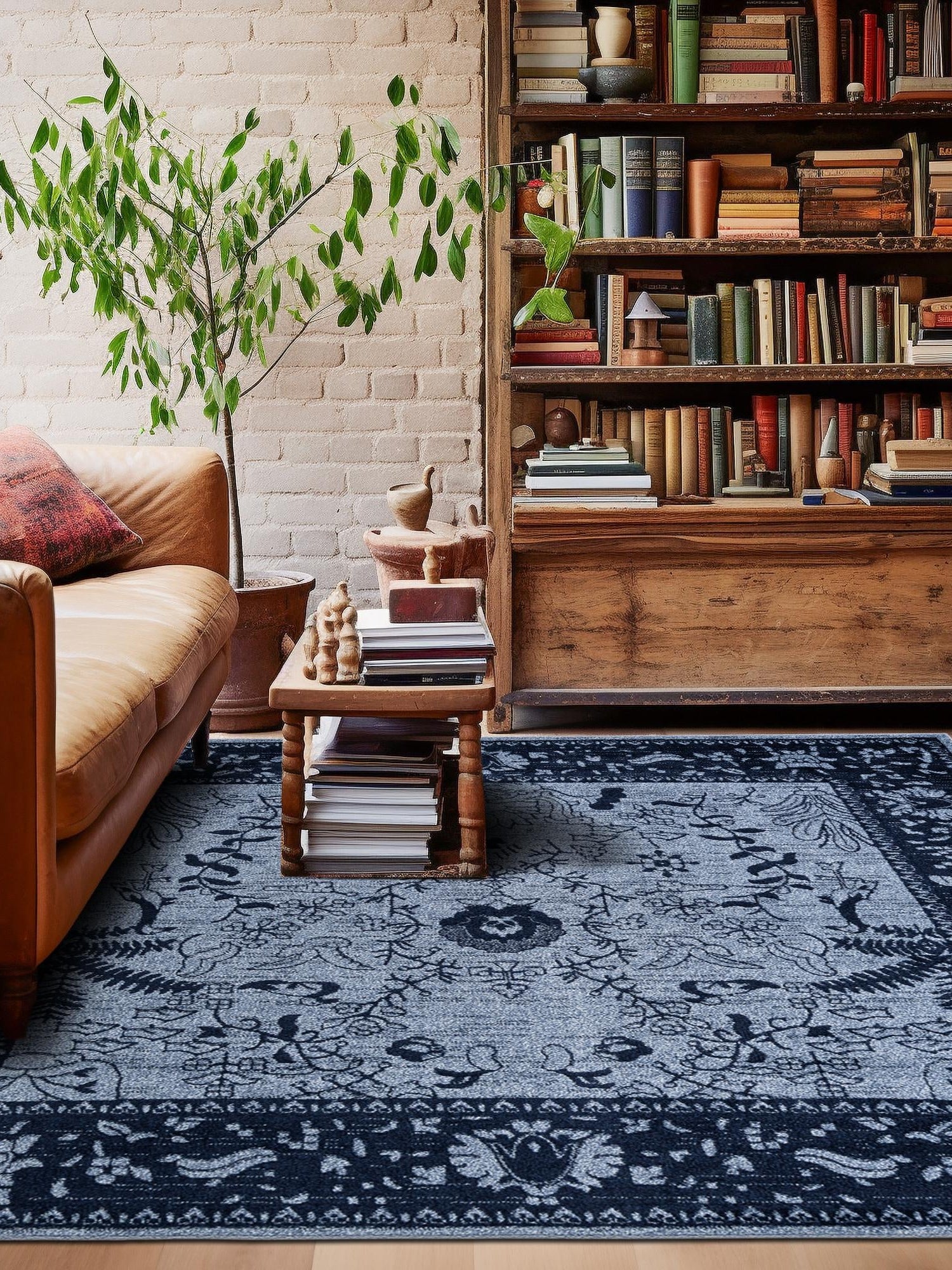 Blue 6' 1 x 6' 1 La Jolla Square Area Rug 100% Polypropylene Traditional Pattern Easy Clean Carpet for Living, Dining, Bedroom, Office for Sale at Rug Engine