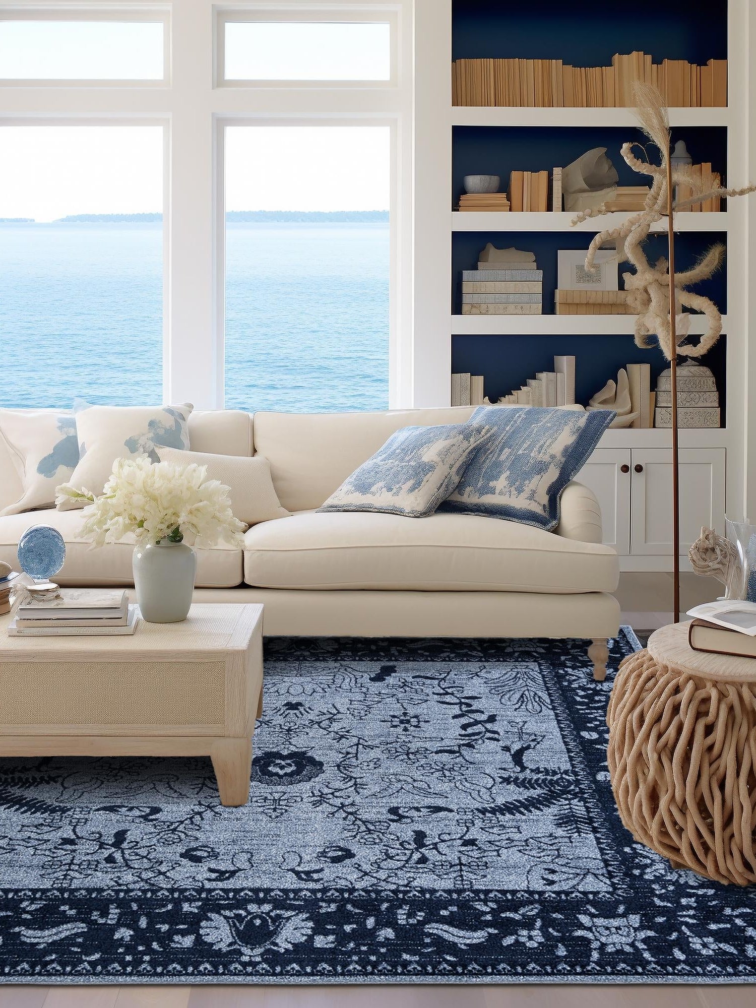 Blue 6' 1 x 6' 1 La Jolla Square Area Rug 100% Polypropylene Traditional Pattern Easy Clean Carpet for Living, Dining, Bedroom, Office for Sale at Rug Engine
