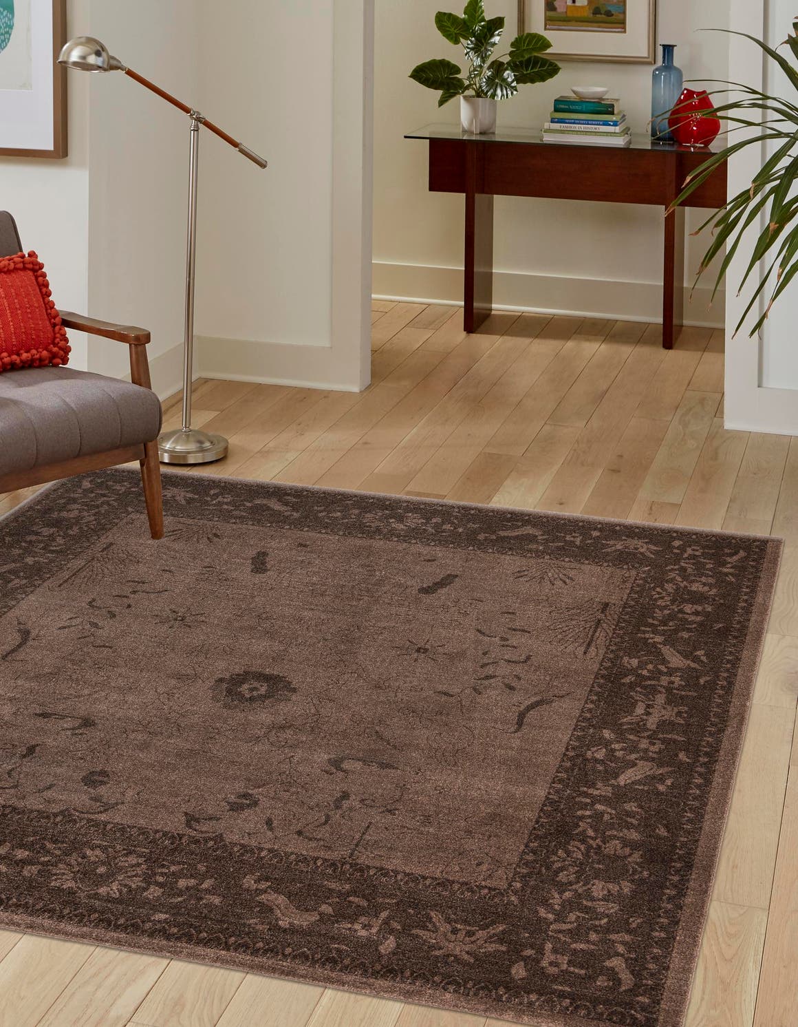 Brown 7' 10 x 7' 10 La Jolla Square Area Rug 100% Polypropylene Traditional Pattern Easy Clean Carpet for Living, Dining, Bedroom, Office for Sale at Rug Engine