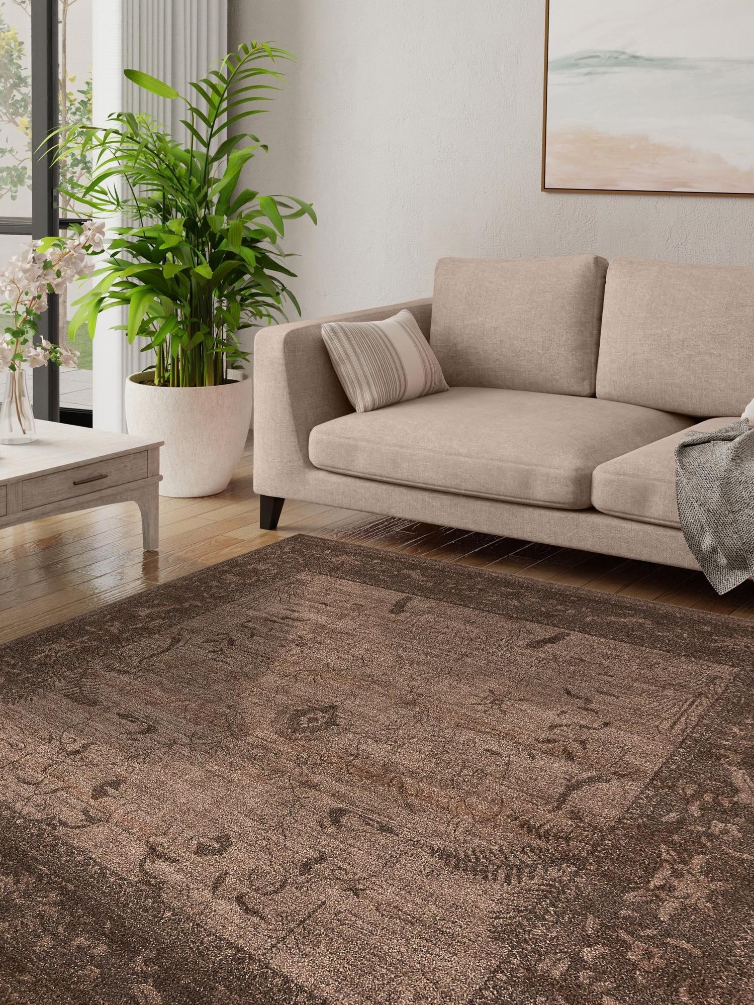 Brown 10' x 10' La Jolla Square Area Rug 100% Polypropylene Traditional Pattern Easy Clean Carpet for Living, Dining, Bedroom, Office for Sale at Rug Engine