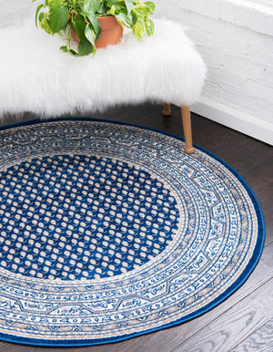 Blue 3' 7 x 3' 7 Williamsburg Round Area Rug 100% Polypropylene With Cotton Backing Durable Easy Clean Stain Resistant Carpet for Sale at Rug Engine
