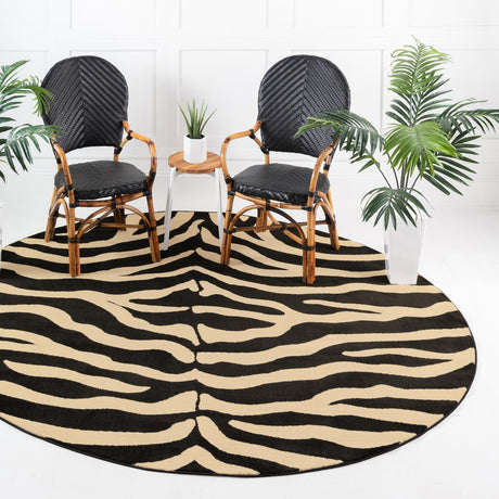 Black 4' 1 x 4' 1 Wildlife Round Area Rug Animal Print Safari Jungle Inspired Carpet for Unique Modern Interior Design for Sale at Rug Engine