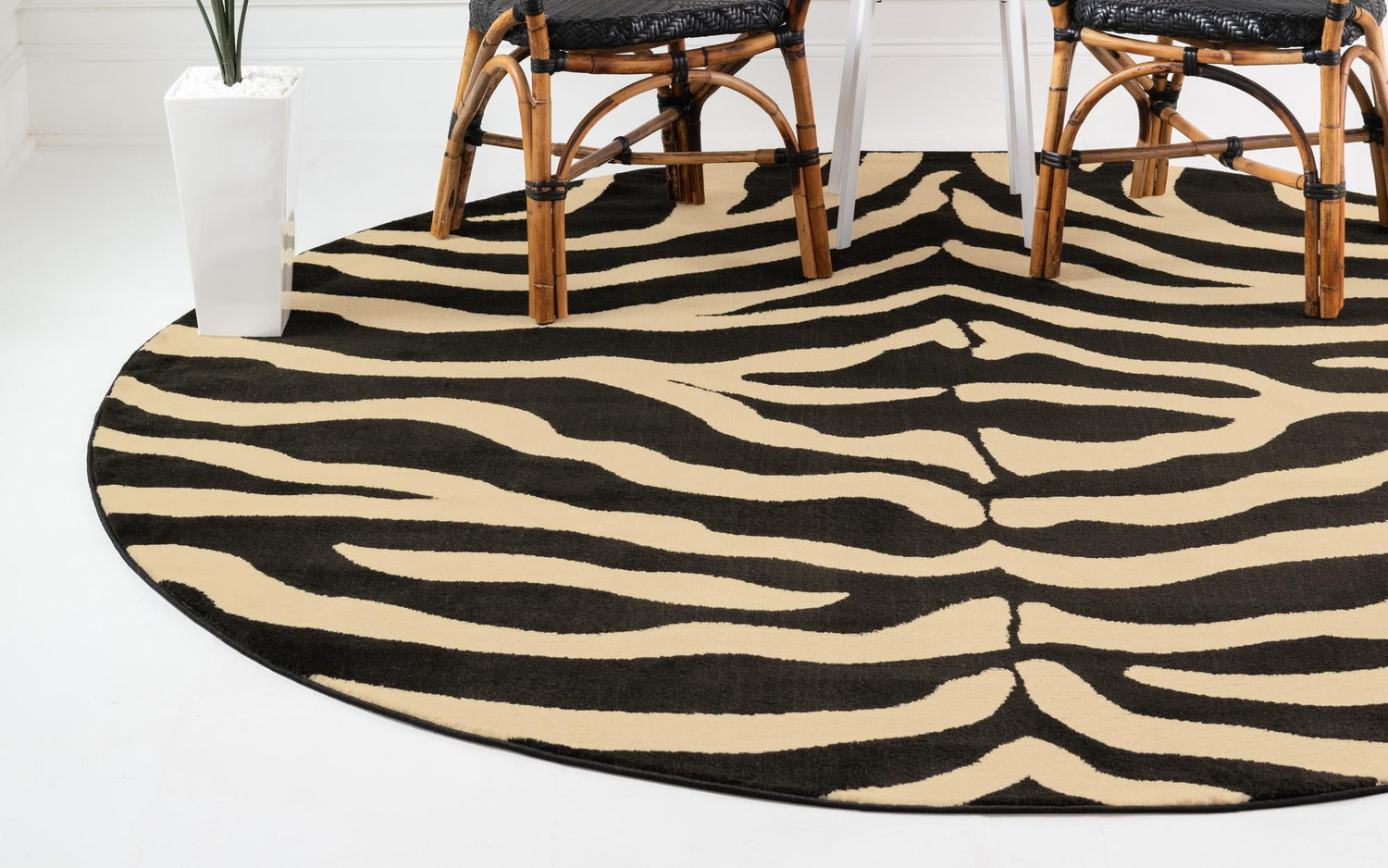 Black 4' 1 x 4' 1 Wildlife Round Area Rug Animal Print Safari Jungle Inspired Carpet for Unique Modern Interior Design for Sale at Rug Engine