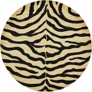 Cream 7' 10 x 7' 10 Wildlife Round Area Rug Animal Print Safari Jungle Inspired Carpet for Unique Modern Interior Design for Sale at Rug Engine