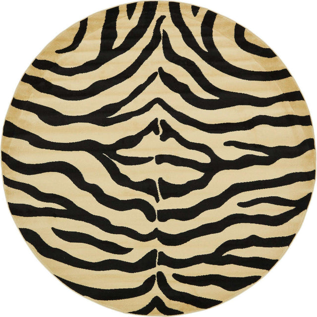 Cream 7' 10 x 7' 10 Wildlife Round Area Rug Animal Print Safari Jungle Inspired Carpet for Unique Modern Interior Design for Sale at Rug Engine