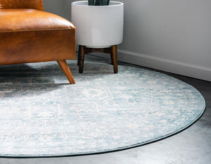 Light Blue 8' x 8' New Classical Round Area Rug 70% Polypropylene & 30% Polyester Traditional Vintage Distressed Carpet for Interior Design Home Decor for Sale at Rug Engine