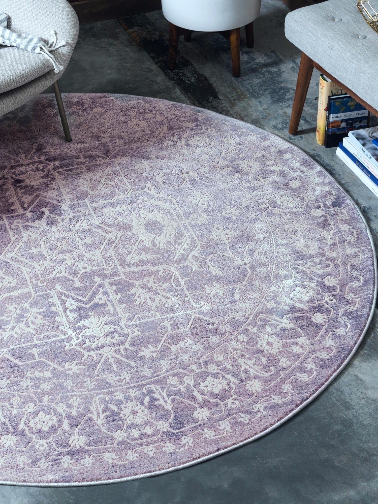 Purple 8' x 8' New Classical Round Area Rug 70% Polypropylene & 30% Polyester Traditional Vintage Distressed Carpet for Interior Design Home Decor for Sale at Rug Engine