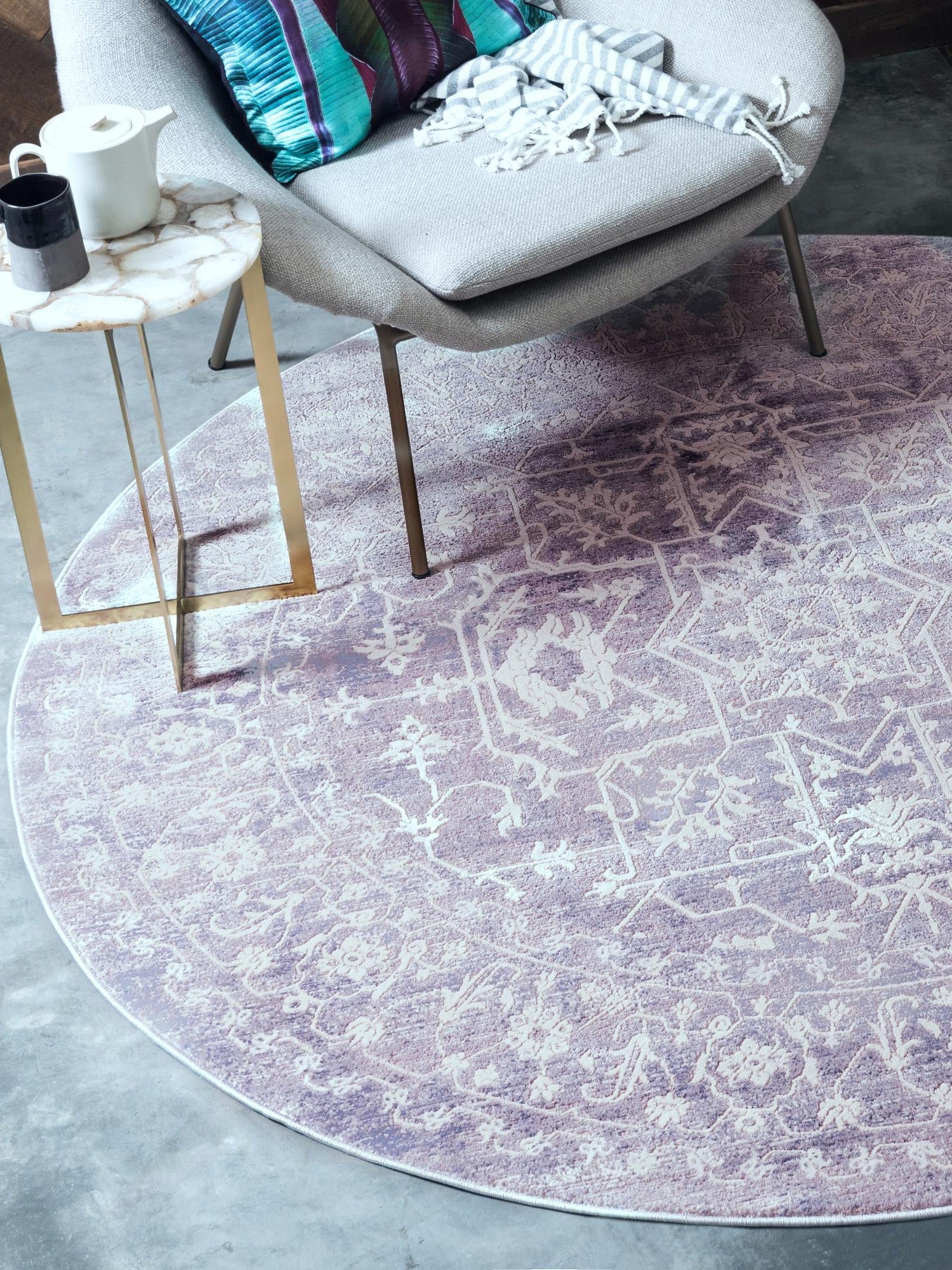 Purple 8' x 8' New Classical Round Area Rug 70% Polypropylene & 30% Polyester Traditional Vintage Distressed Carpet for Interior Design Home Decor for Sale at Rug Engine