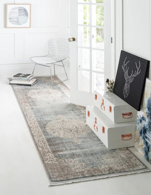 Light Blue 2' 7 x 10' New Classical Runner Area Rug 70% Polypropylene & 30% Polyester Traditional Vintage Distressed Carpet for Interior Design Home Decor for Sale at Rug Engine