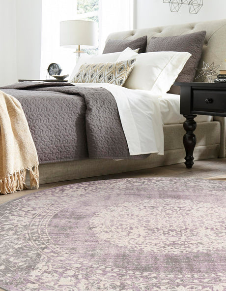 Purple 8' x 8' New Classical Round Area Rug 70% Polypropylene & 30% Polyester Traditional Vintage Distressed Carpet for Interior Design Home Decor for Sale at Rug Engine