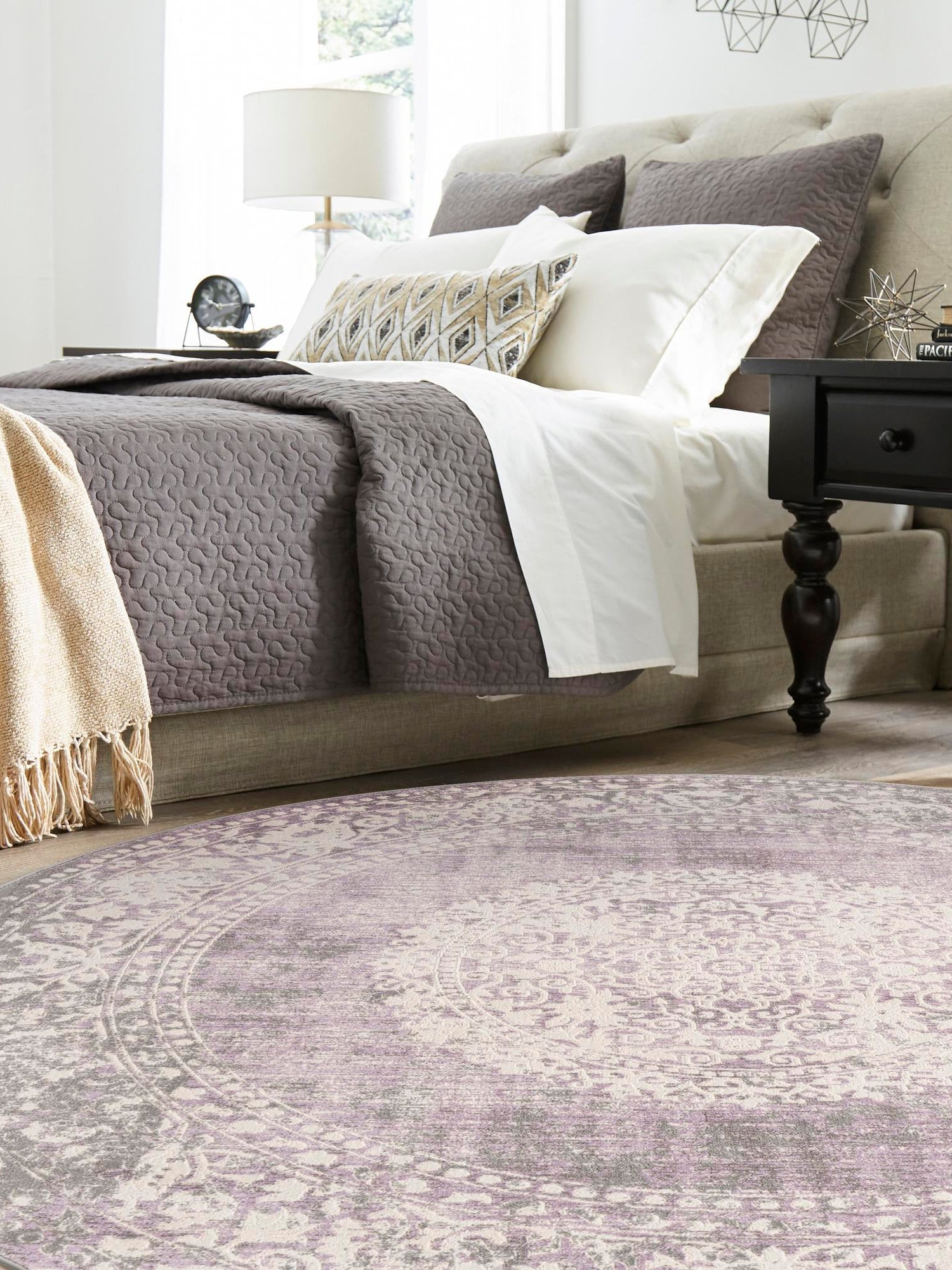 Purple 4' x 4' New Classical Round Area Rug 70% Polypropylene & 30% Polyester Traditional Vintage Distressed Carpet for Interior Design Home Decor for Sale at Rug Engine