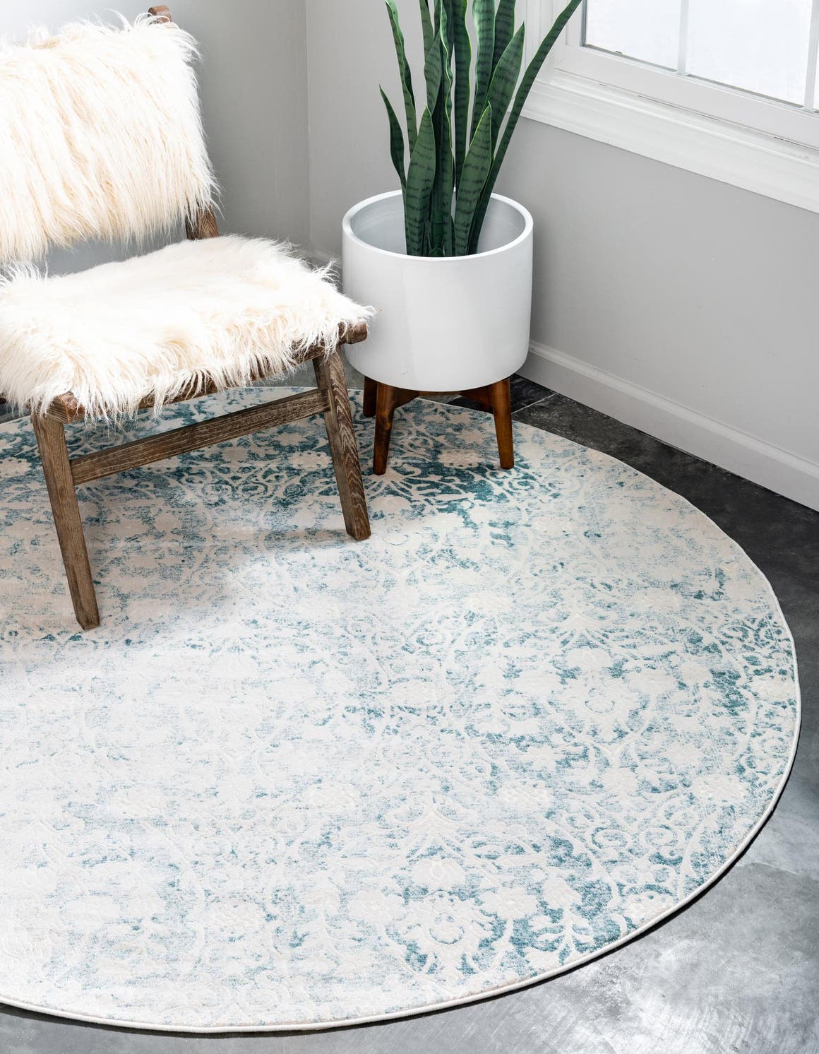 Light Blue 4' 1 x 4' 1 New Classical Round Area Rug 70% Polypropylene & 30% Polyester Traditional Vintage Distressed Carpet for Interior Design Home Decor for Sale at Rug Engine