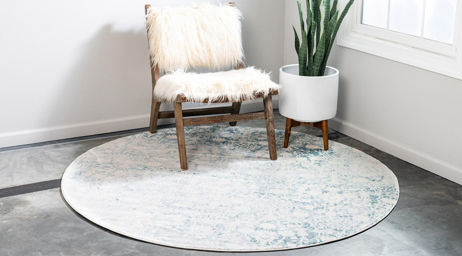 Light Blue 6' 1 x 6' 1 New Classical Round Area Rug 70% Polypropylene & 30% Polyester Traditional Vintage Distressed Carpet for Interior Design Home Decor for Sale at Rug Engine