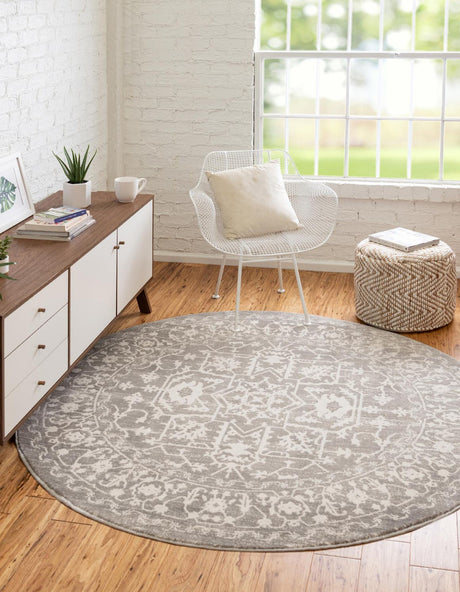Light Gray 4' 1 x 4' 1 New Classical Round Area Rug 70% Polypropylene & 30% Polyester Traditional Vintage Distressed Carpet for Interior Design Home Decor for Sale at Rug Engine
