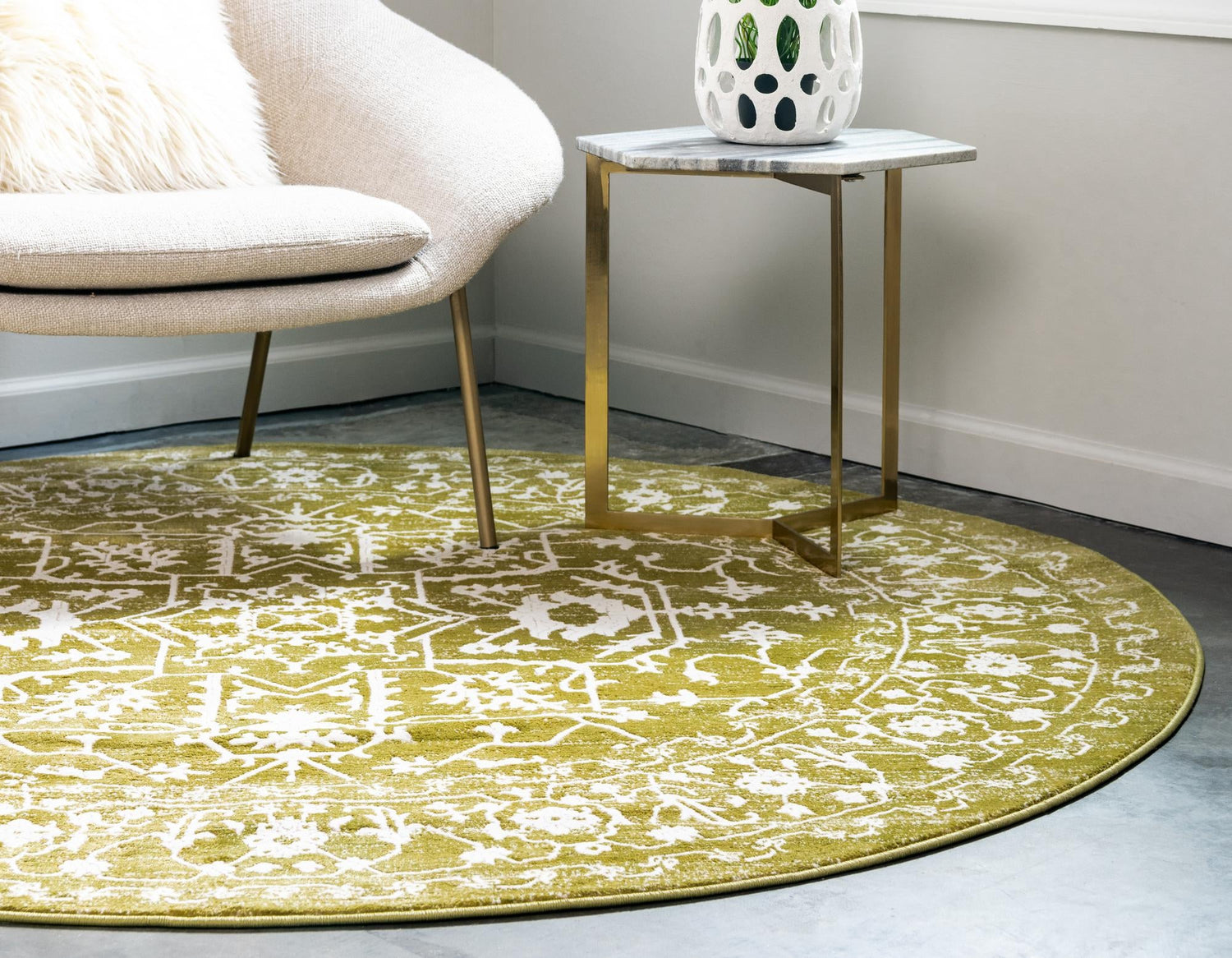 Light Green 6' 1 x 6' 1 New Classical Round Area Rug 70% Polypropylene & 30% Polyester Traditional Vintage Distressed Carpet for Interior Design Home Decor for Sale at Rug Engine