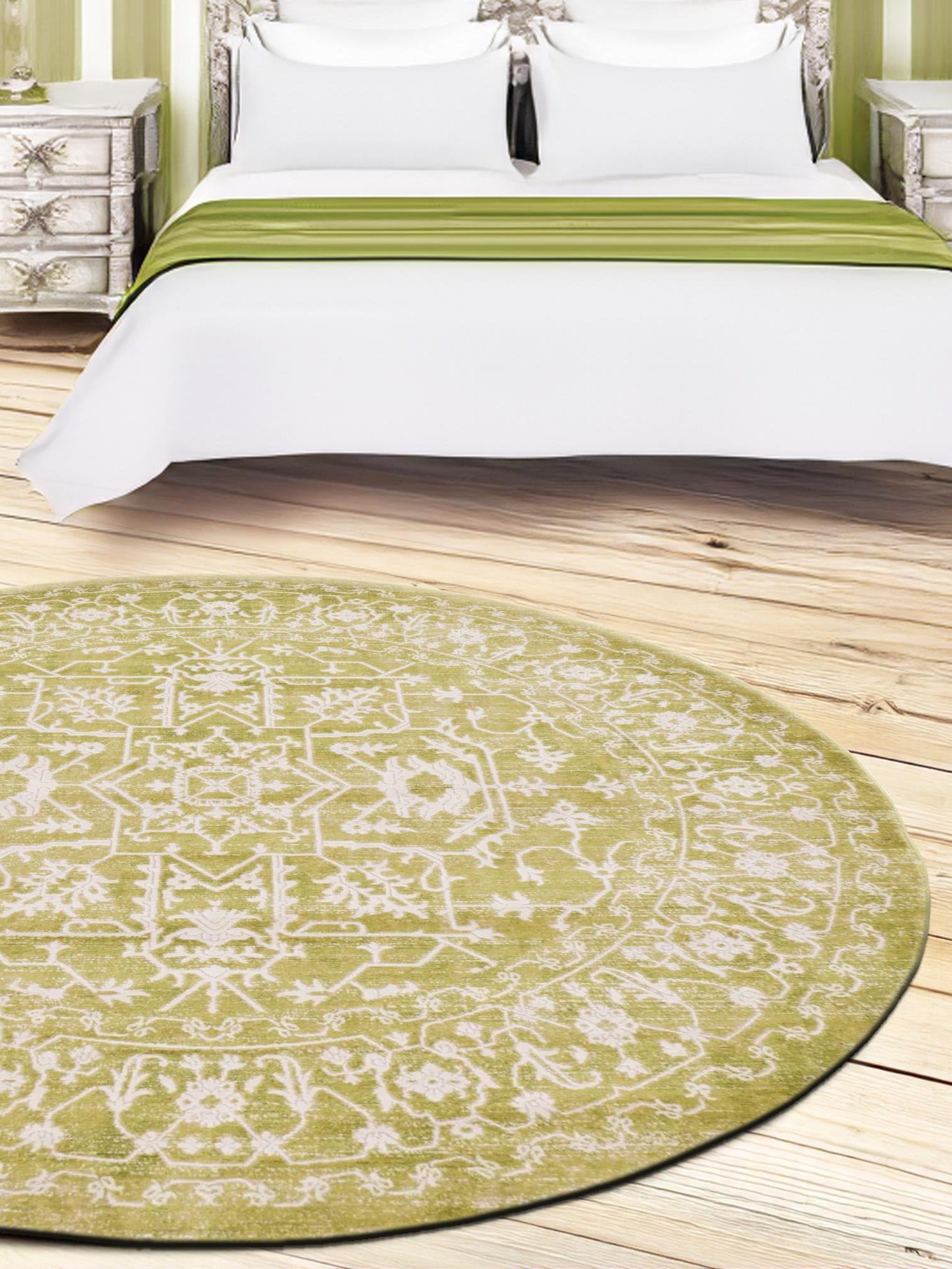 Light Green 6' 1 x 6' 1 New Classical Round Area Rug 70% Polypropylene & 30% Polyester Traditional Vintage Distressed Carpet for Interior Design Home Decor for Sale at Rug Engine