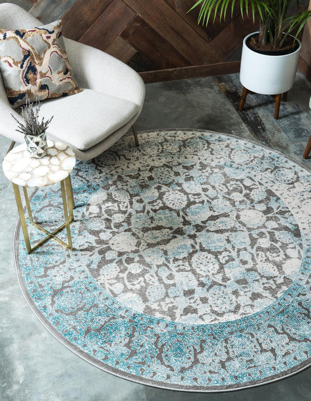 Light Blue 8' x 8' New Classical Round Area Rug 70% Polypropylene & 30% Polyester Traditional Vintage Distressed Carpet for Interior Design Home Decor for Sale at Rug Engine