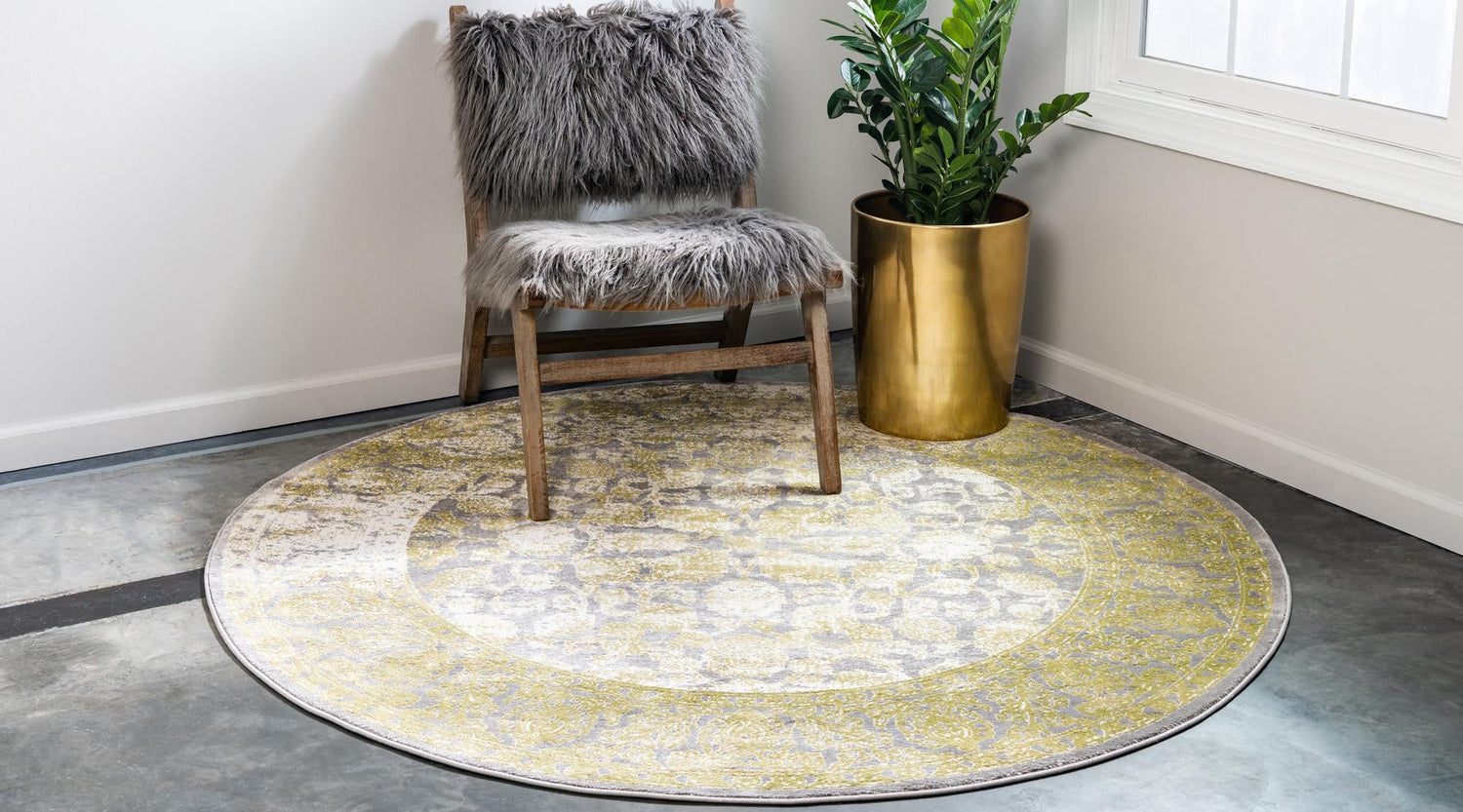 Light Green 8' x 8' New Classical Round Area Rug 70% Polypropylene & 30% Polyester Traditional Vintage Distressed Carpet for Interior Design Home Decor for Sale at Rug Engine