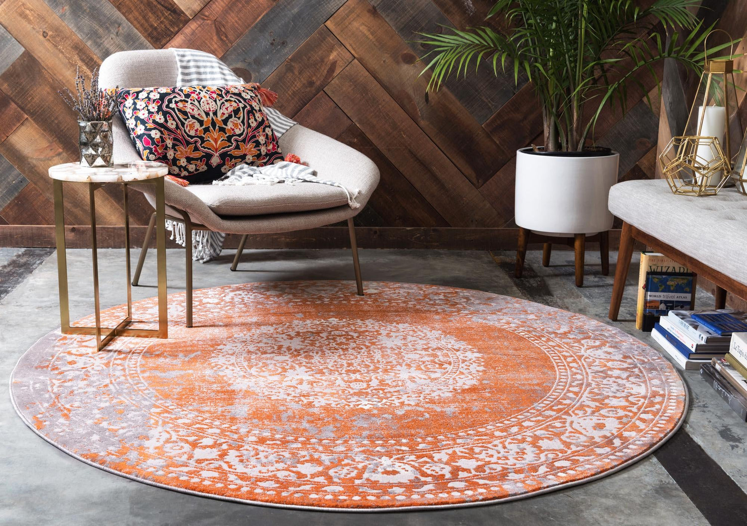 Terracotta 6' 1 x 6' 1 New Classical Round Area Rug 70% Polypropylene & 30% Polyester Traditional Vintage Distressed Carpet for Interior Design Home Decor for Sale at Rug Engine