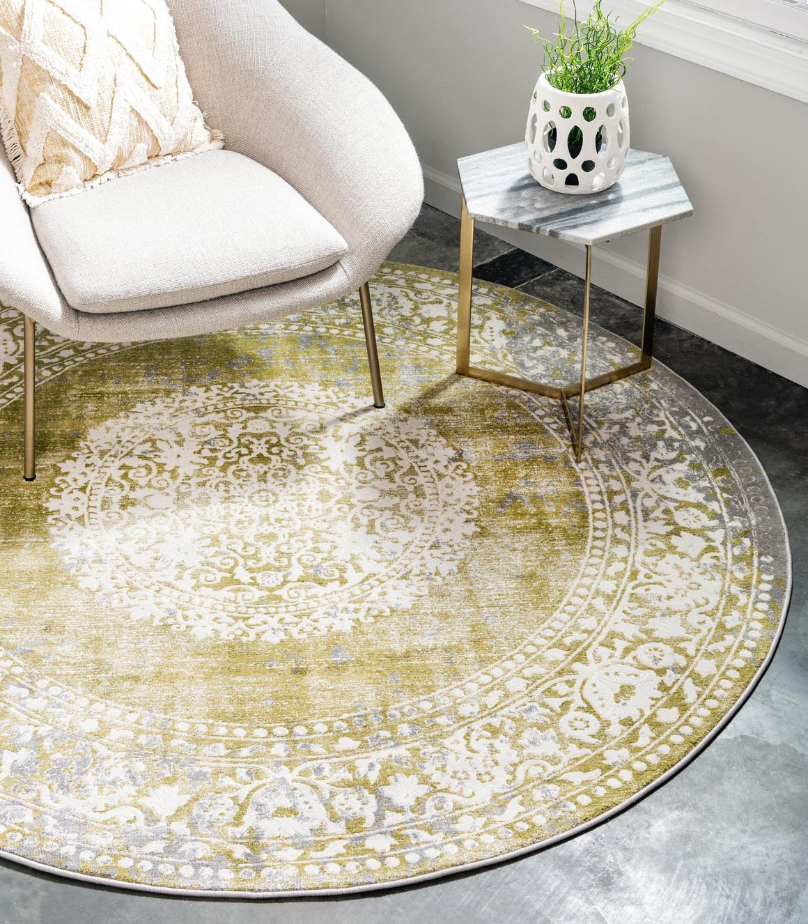 Light Green 6' x 6' New Classical Round Area Rug 70% Polypropylene & 30% Polyester Traditional Vintage Distressed Carpet for Interior Design Home Decor for Sale at Rug Engine