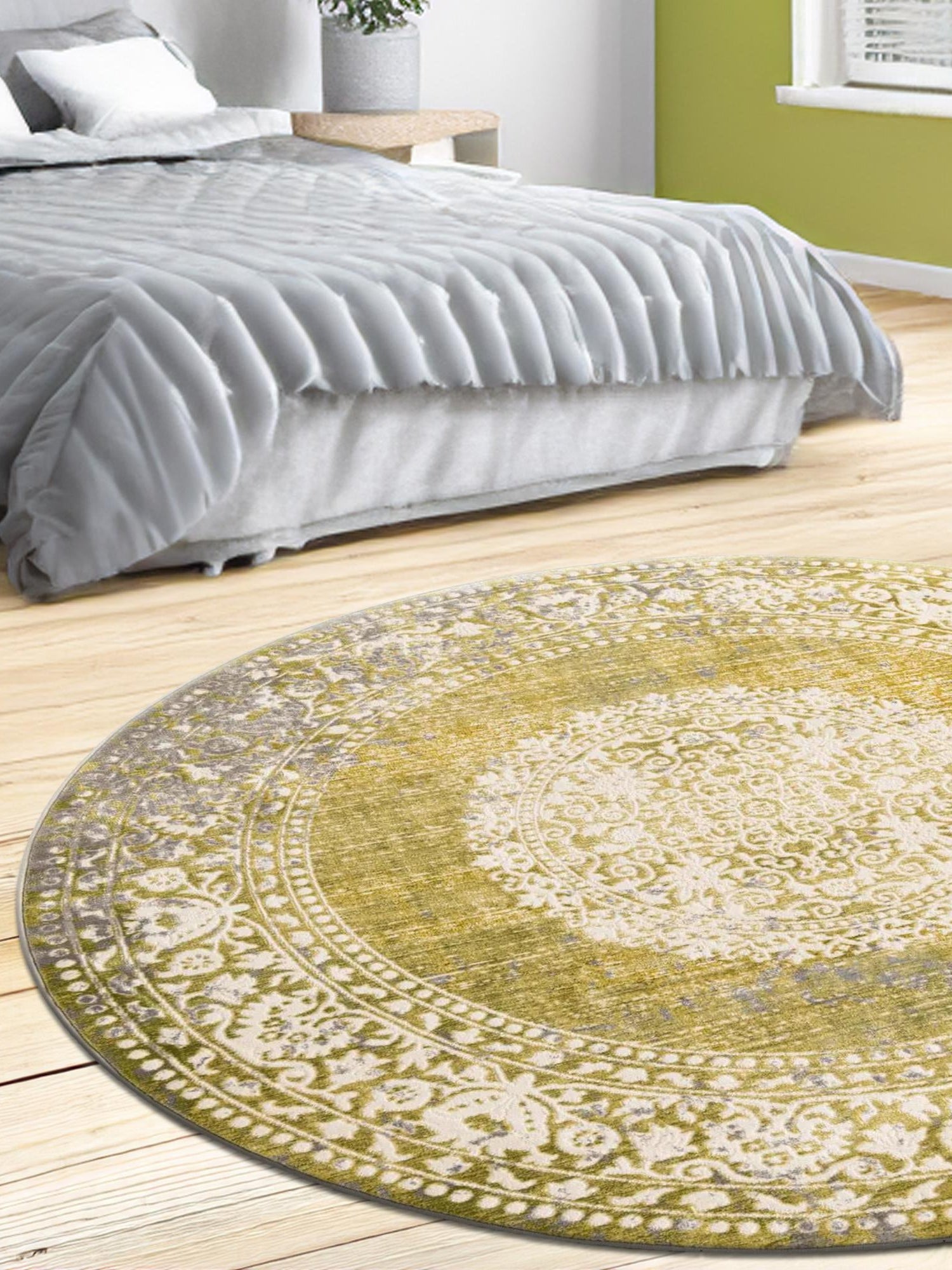 Light Green 8' x 8' New Classical Round Area Rug 70% Polypropylene & 30% Polyester Traditional Vintage Distressed Carpet for Interior Design Home Decor for Sale at Rug Engine
