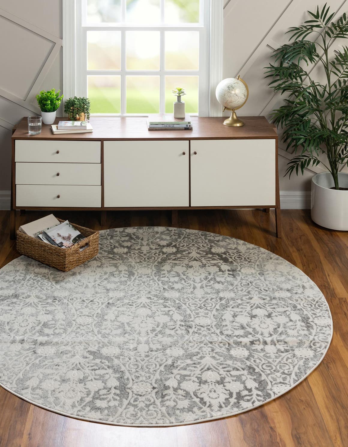 Light Gray 6' 1 x 6' 1 New Classical Round Area Rug 70% Polypropylene & 30% Polyester Traditional Vintage Distressed Carpet for Interior Design Home Decor for Sale at Rug Engine